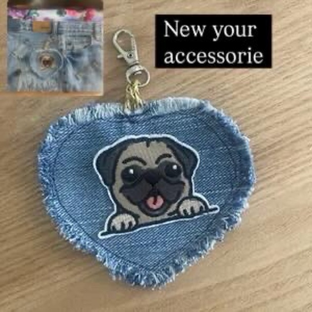 Blue Denim Heart Keychain with Pug Design